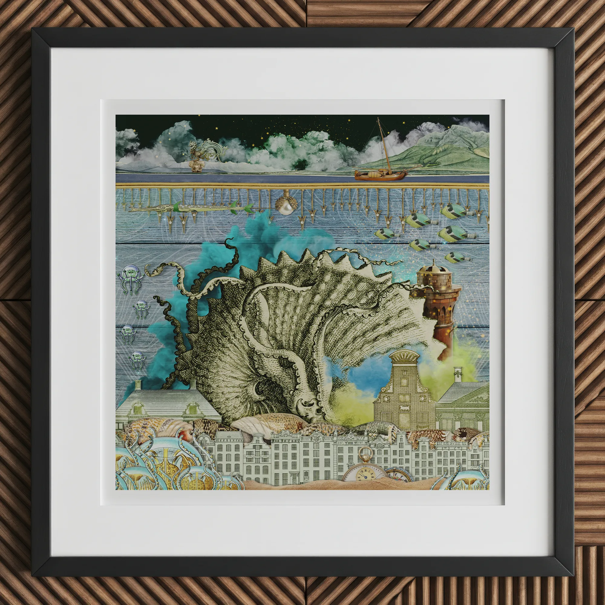 Down where It’s Wetter Pt 2 - Sea Creature Collage Art Print, 12x12’’ / 31x31cm / Black Frame / 2’’ Matboard, Framed Fantastical