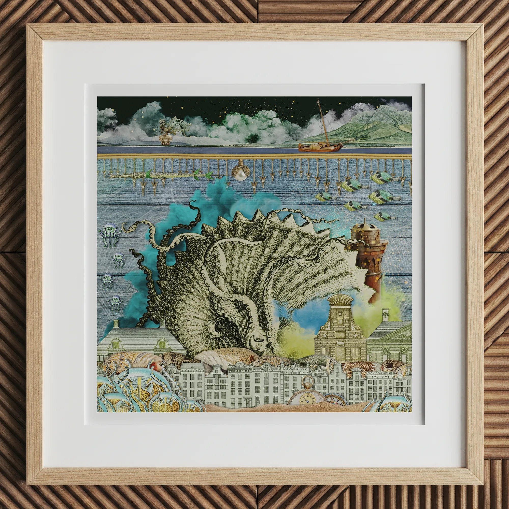 Down where It’s Wetter Pt 2 - Sea Creature Collage Art Print, 12x12’’ / 31x31cm / Natural Frame / 2’’ Matboard, Framed Artwork Fantastical
