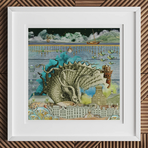 Down where It’s Wetter Pt 2 - Sea Creature Collage Art Print, 12x12’’ / 31x31cm / White Frame / 2’’ Matboard, Framed Fantastical