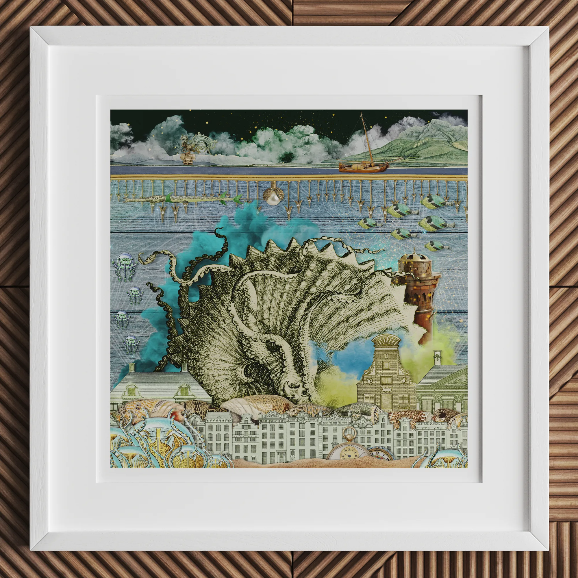 Down where It’s Wetter Pt 2 - Sea Creature Collage Art Print, 12x12’’ / 31x31cm / White Frame, Framed Fantastical Illustration Ornate Conch