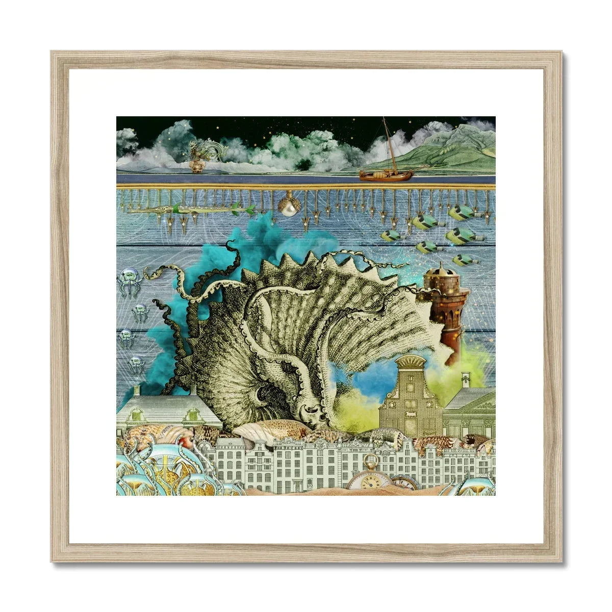 Down where It’s Wetter Pt 2 - Sea Creature Collage Art Print, Cat Curled Fan-like Position
