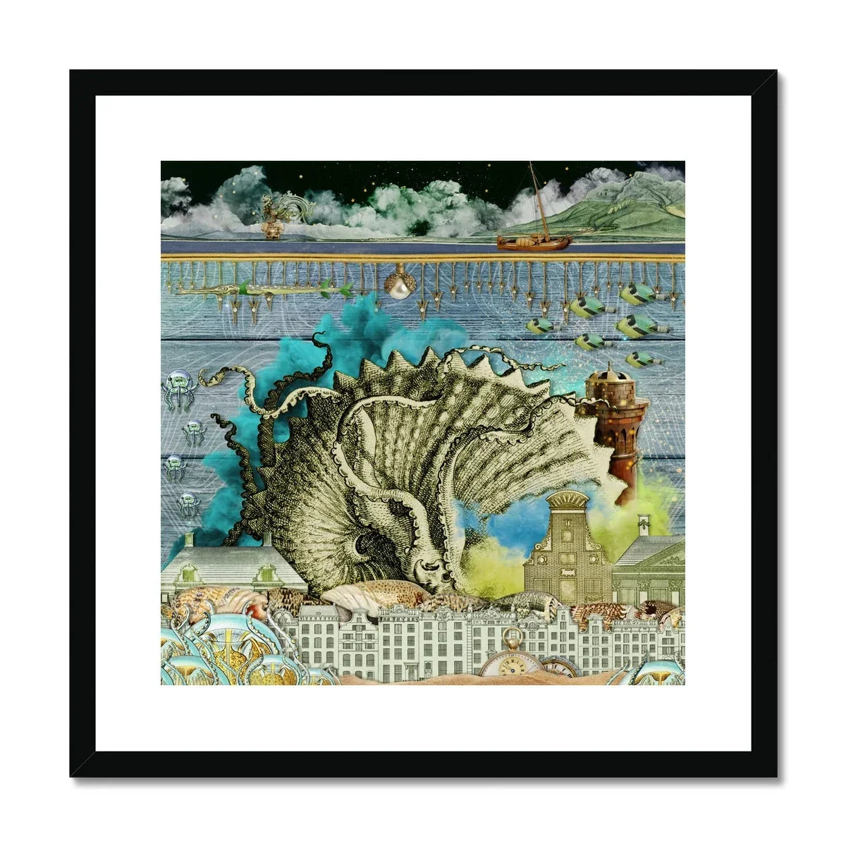 Down where It’s Wetter Pt 2 - Sea Creature Collage Art Print, Hedgehog Curled Defensive Ball