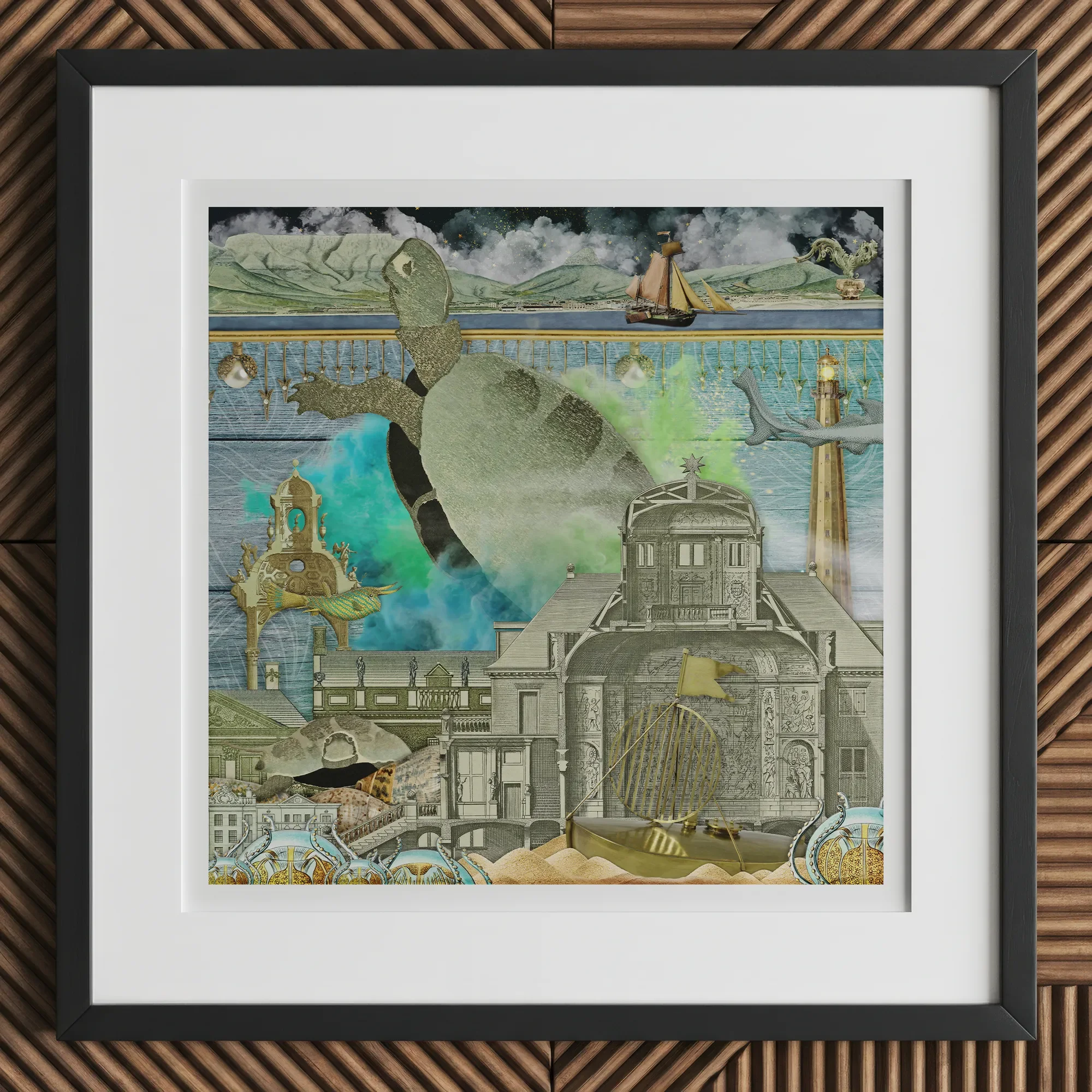 Down where It’s Wetter Pt 3 - Sea Turtle Collage Art Print, 12x12’’ / 31x31cm / Black Frame / 2’’ Matboard, Framed Multi-layered Collage