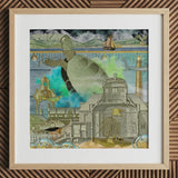 Sea turtle collage art print in natural frame