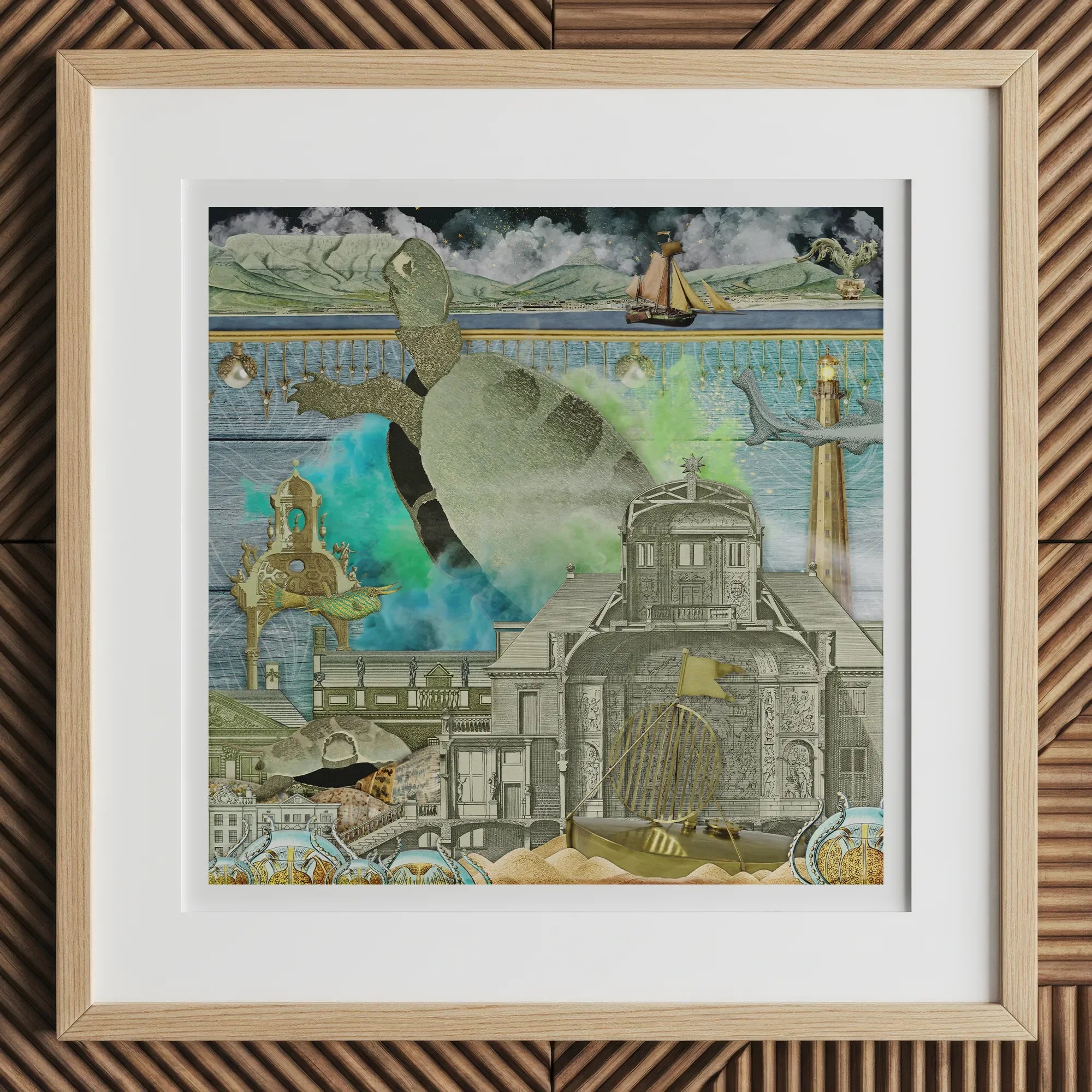 Down where It’s Wetter Pt 3 - Sea Turtle Collage Art Print, 12x12’’ / 31x31cm / Natural Frame / 2’’ Matboard, Framed Intricate Collage