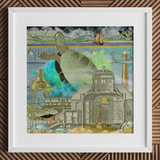 Sea turtle collage art print in white frame