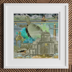 Down where It’s Wetter Pt 3 - Sea Turtle Collage Art Print, 12x12’’ / 31x31cm / White Frame / 2’’ Matboard, Framed Square Mixed-media
