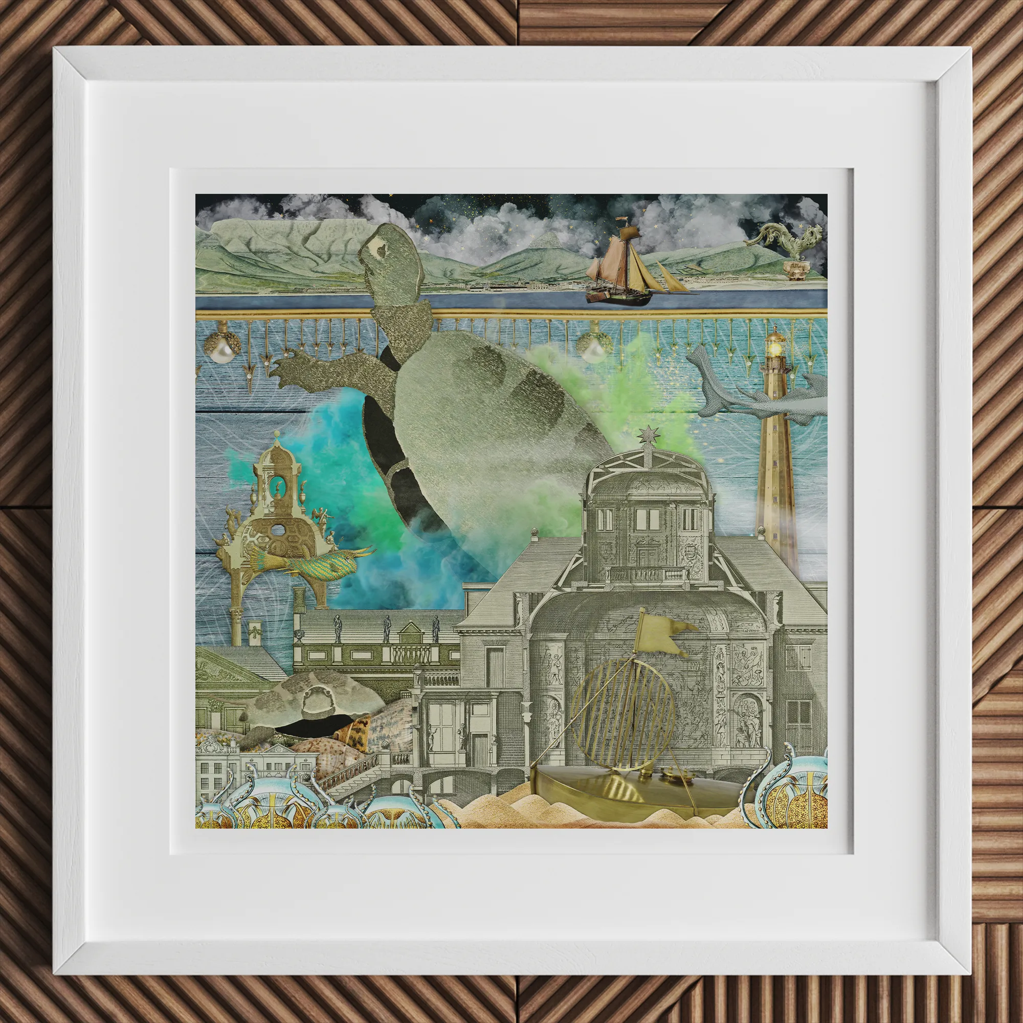 Down where It’s Wetter Pt 3 - Sea Turtle Collage Art Print, 12x12’’ / 31x31cm / White Frame, Framed Square Mixed-media Artwork Fantastical