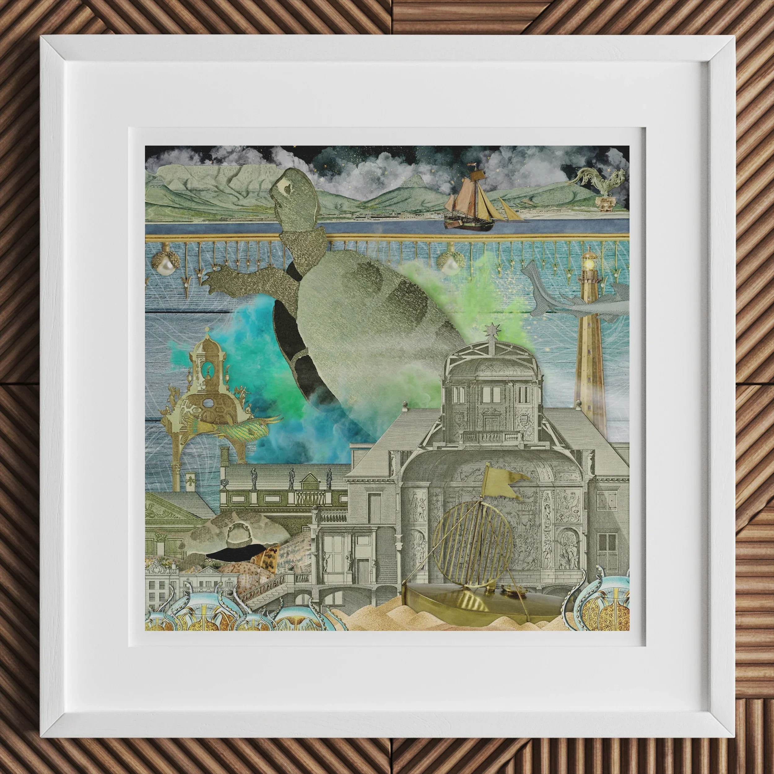 Down where It’s Wetter Pt 3 - Sea Turtle Collage Art Print, Framed Collage Artwork Sea Turtle Buildings Nautical