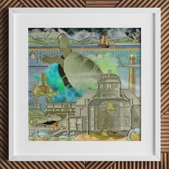 Down where It’s Wetter Pt 3 - Sea Turtle Collage Art Print Framed Mixed-media Artwork Surreal Collage Architectural Structures Sea Turtle