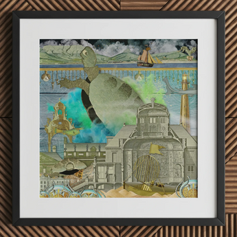 Down where It’s Wetter Pt 3 - Sea Turtle Collage Art Print Framed Mixed-media Artwork Surreal Collage Architectural Structures Sea Turtle