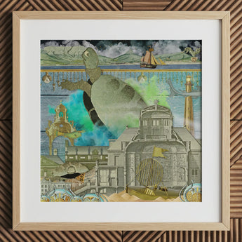 Down where It’s Wetter Pt 3 - Sea Turtle Collage Art Print Framed Mixed-media Artwork Textured Green Turtle Turquoise Water Sea Collage,