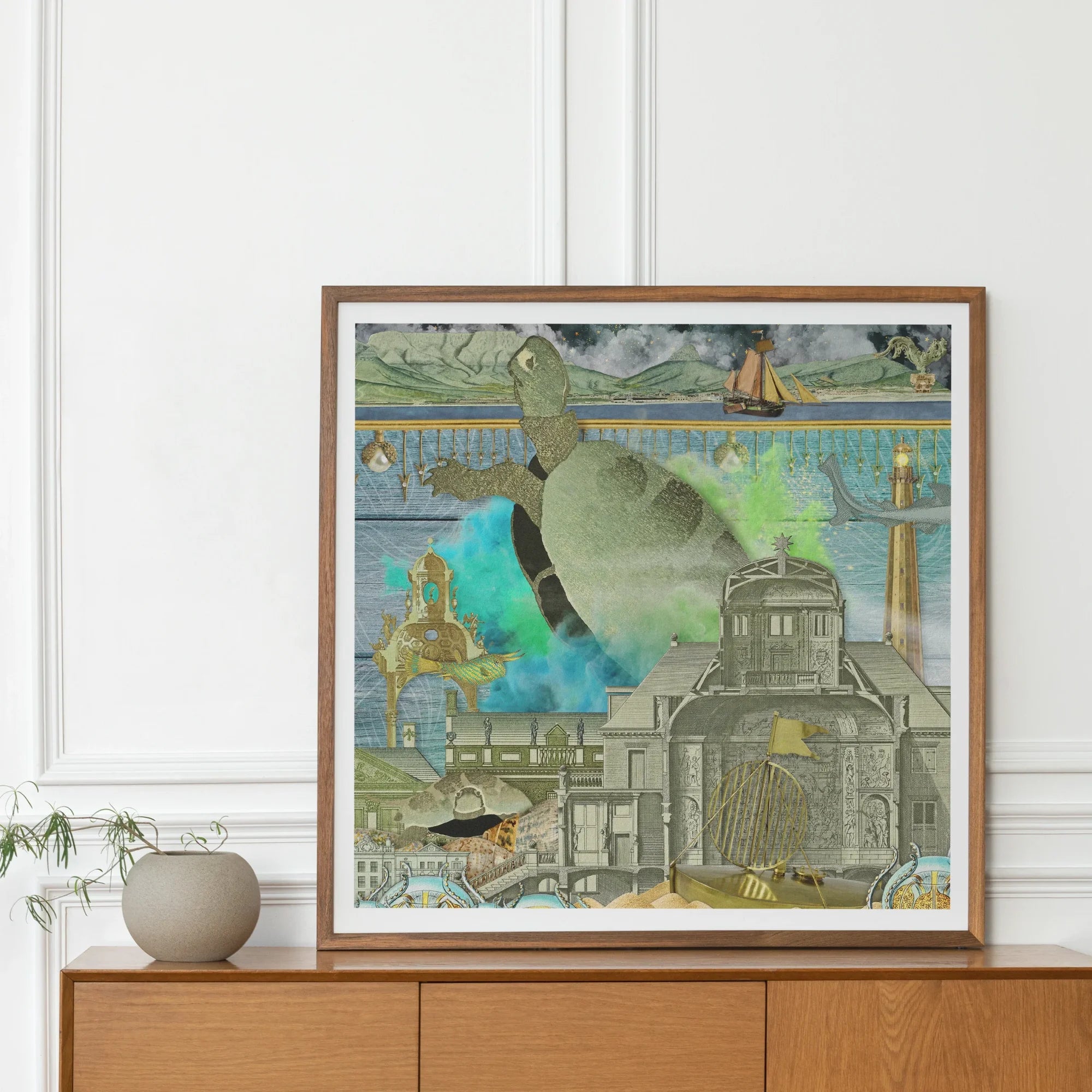 Down where It’s Wetter Pt 3 - Sea Turtle Collage Art Print, Framed Surrealist Collage Artwork Turtle Buildings Colorful Elements