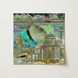 Down where It’s Wetter Pt 3 - Sea Turtle Collage Art Print Surreal Collage Artwork Textured Turtle Turquoise Water Amidst Sea Collage, Toby