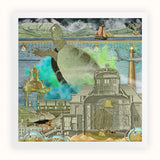 Down where It’s Wetter Pt 3 - Sea Turtle Collage Art Print, Surreal Collage Giant Sea Turtle Among Buildings Fantastical