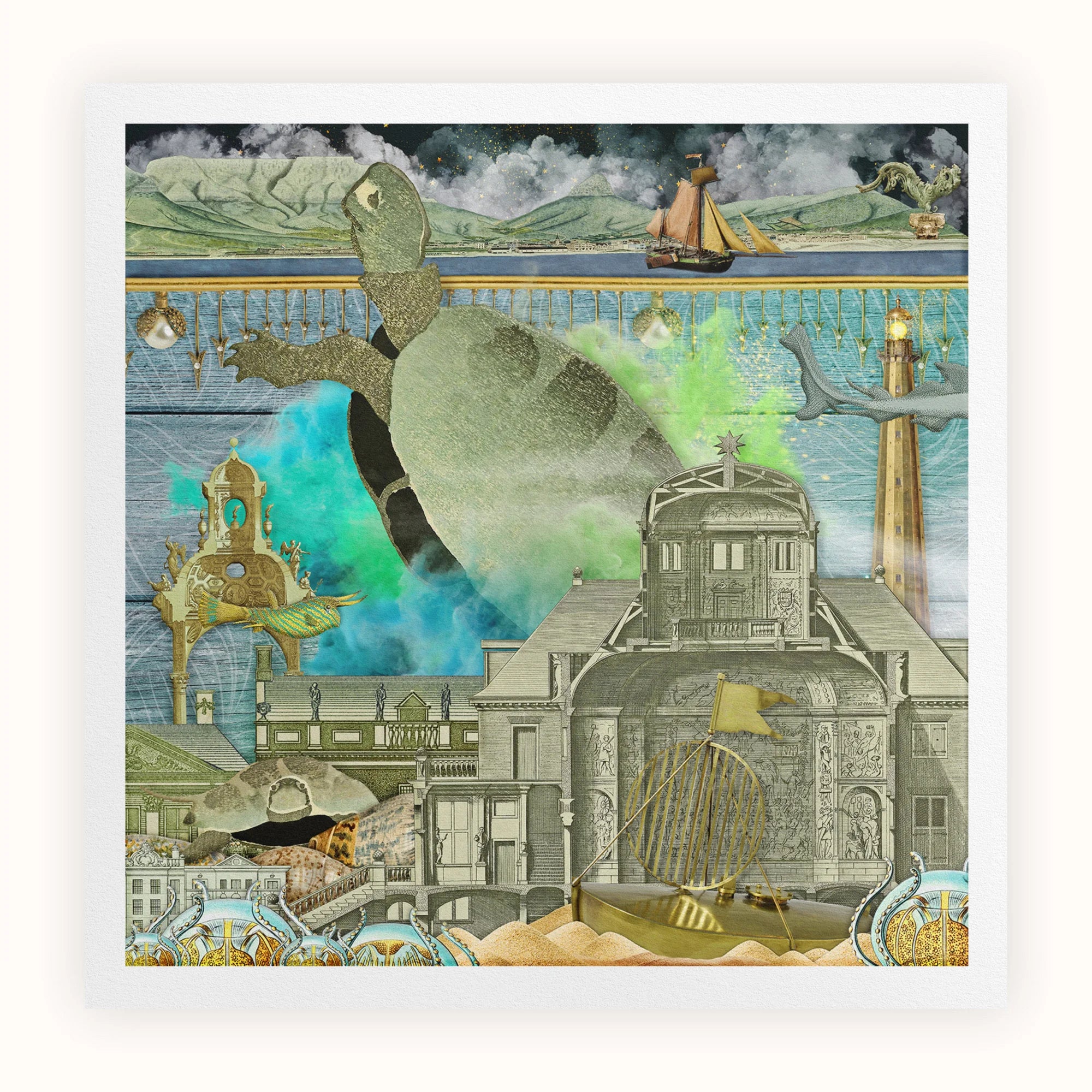 Down where It’s Wetter Pt 3 - Sea Turtle Collage Art Print, Surreal Collage Giant Sea Turtle Among Buildings Fantastical