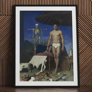 man, skeleton, framed painting.