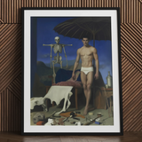 man, skeleton, framed painting.