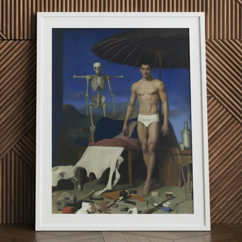 Surreal gay vampire art print with skeleton and man in underwear.