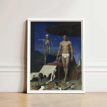 Framed Surrealist Painting Muscular Man White Umbrella Skeleton Gay Vampire Art, Print