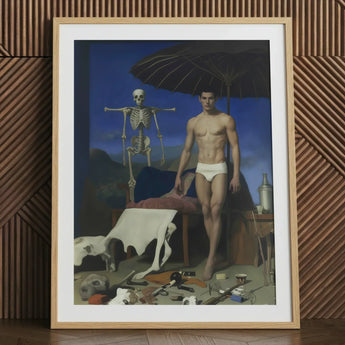 Dr. Death - Surreal Gay Vampire Art Print / Canvas Framed Artwork Muscular Man White Umbrella Skeleton Set Gay Vampire Art, Art Print,