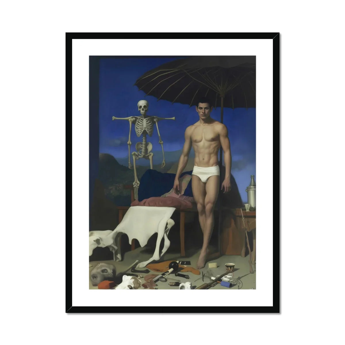 Dr. Death - Surreal Gay Vampire Art Print, Framed Surrealist Painting Skeleton Person Underwear Amid Scattered