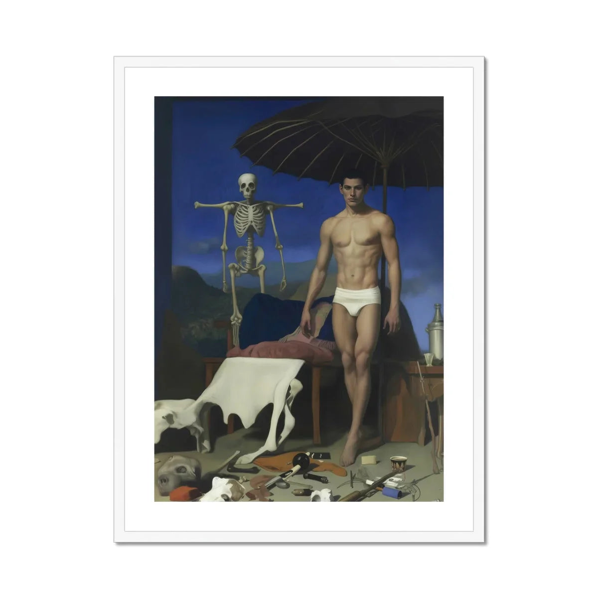 Dr. Death - Surreal Gay Vampire Art Print, Surrealist Painting Person Underwear Skeleton Umbrella