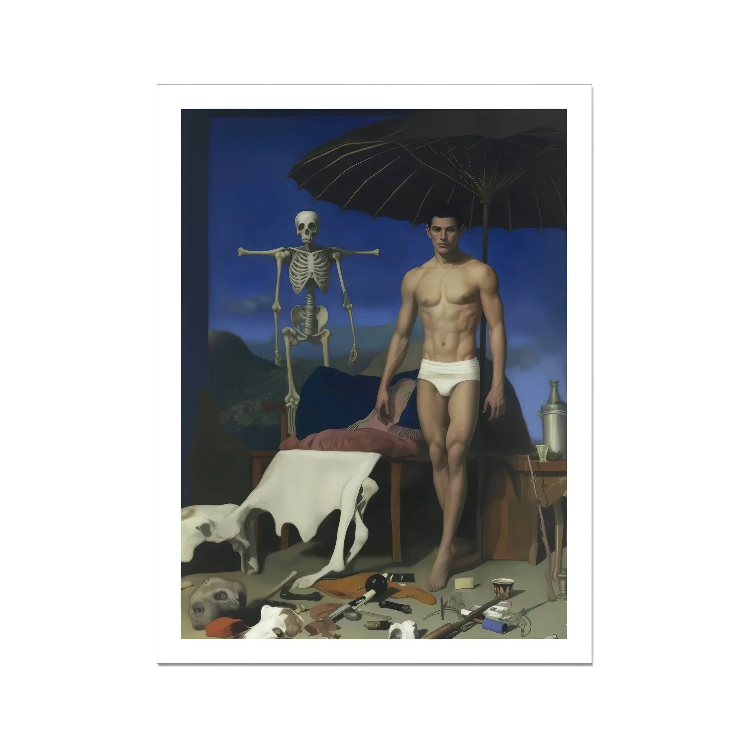 Dr. Death - Surreal Gay Vampire Art Print, Surrealist Painting Shirtless Man Skeleton Black Umbrella Surrounded