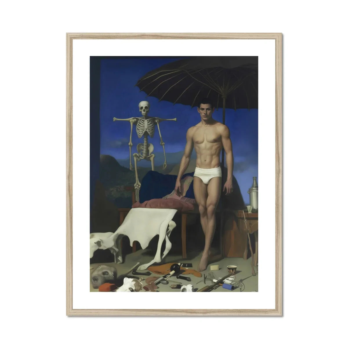 Dr. Death - Surreal Gay Vampire Art Print, Surrealist Painting Skeleton Figure White Underwear Amid Scattered