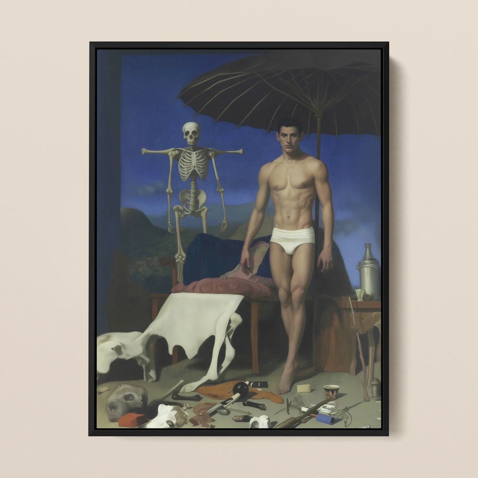 Dr. Death - Surreal Gay Vampire Framed Canvas, 12x16’’ / 31x41cm / Black Floating Frame, Framed Painting Nude Man Skeleton