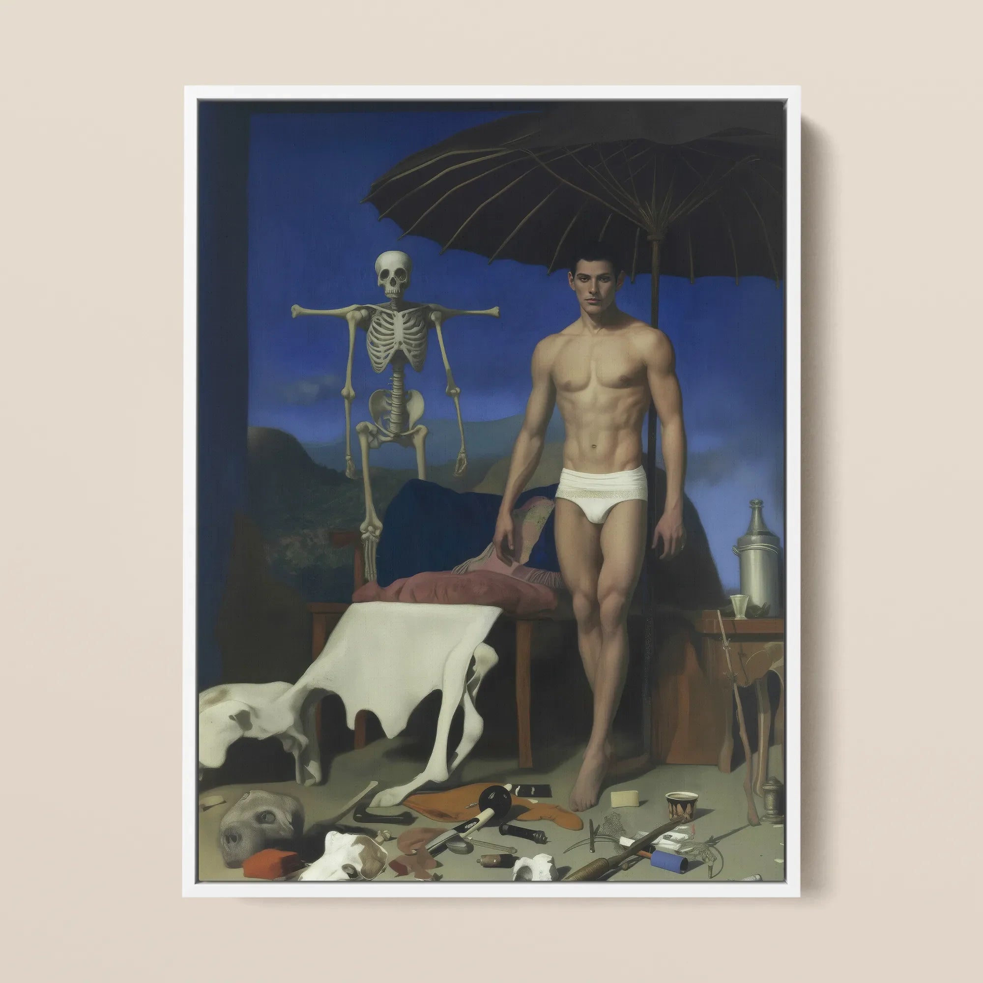 Dr. Death - Surreal Gay Vampire Framed Canvas, 12x16’’ / 31x41cm / White Floating Frame, Framed Painting Muscular Man White Skeleton Black