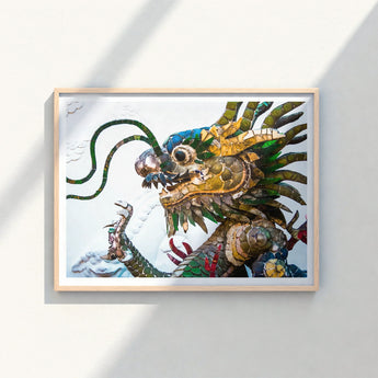Vibrant Mosaic Dragon Artwork Light Wood Frame Intricate Vietnamese, Art, Behold Drag Racer