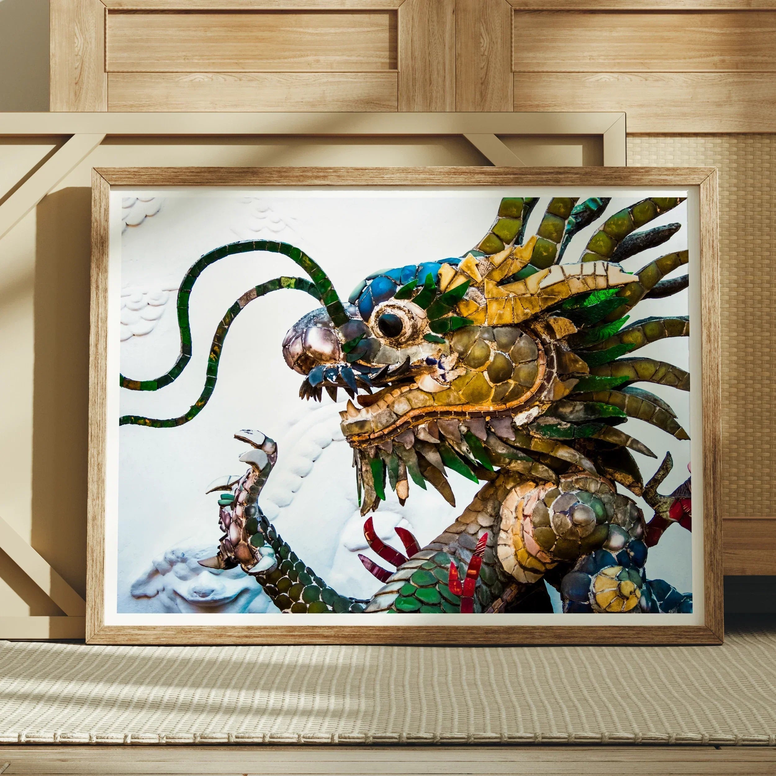 Drag Racer - Vietnamese Dragon Mosaic Art Print, Colorful Dragon Artwork Intricate Metallic Elements Traditional Asian