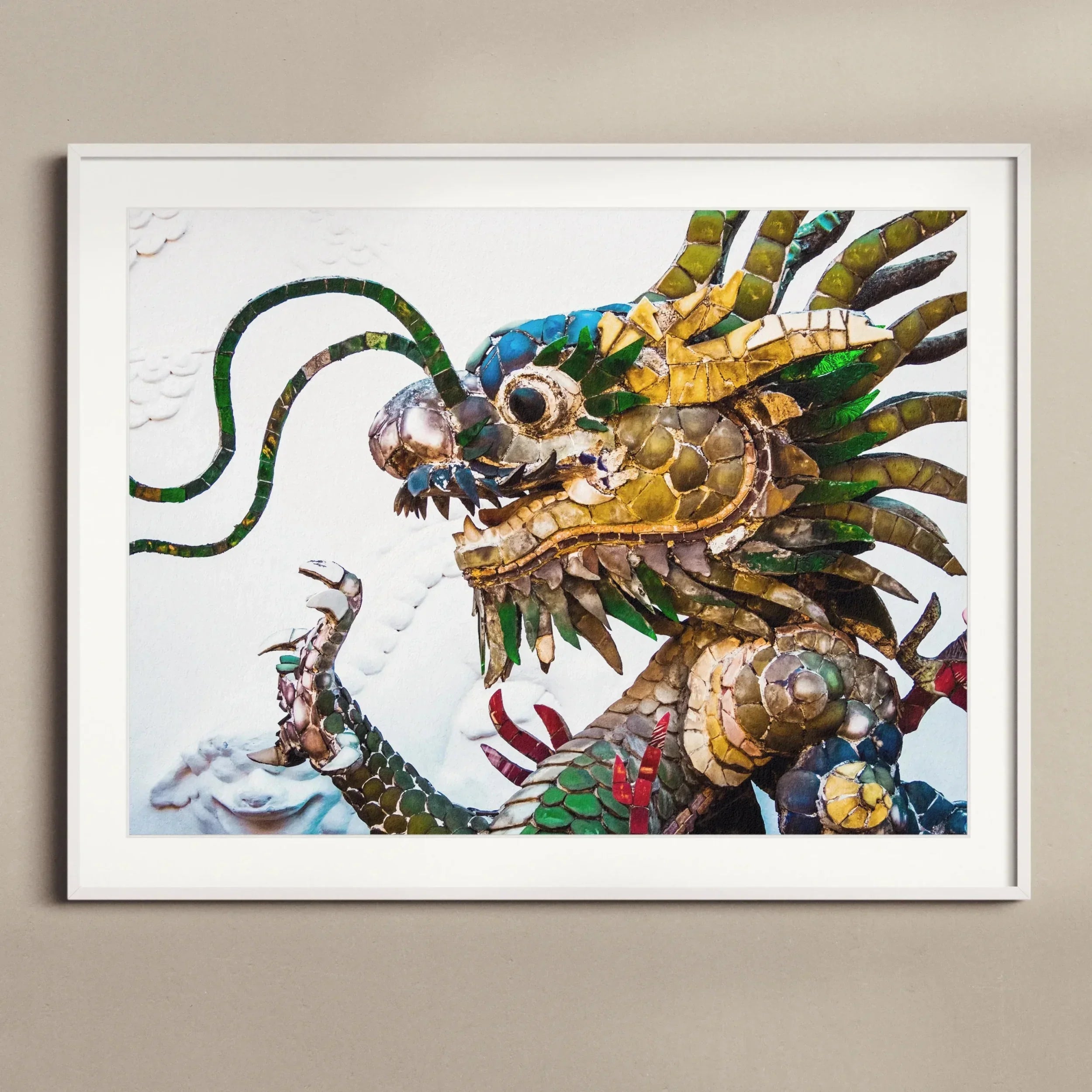 Drag Racer Vietnamese Dragon Mosaic Art Print, Colorful Chinese Dragon Sculpture Intricate Metallic Textured
