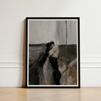 Black-framed Abstract Painting Intimate Embrace Muted Grays Earth Latino Gay Couple, Surreal, Art Print