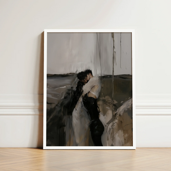 Framed Abstract Painting White Frame Two Figures Muted Latino Gay Couple, Surreal, Art Print
