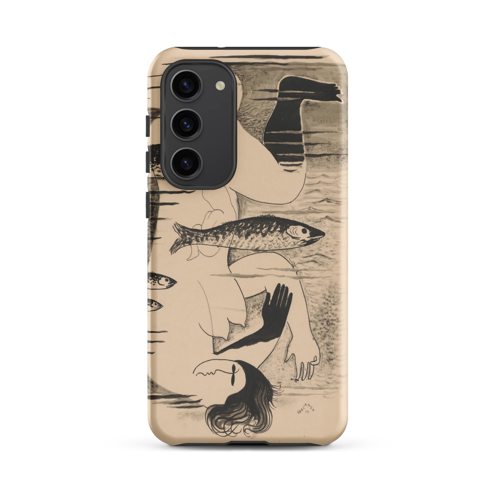 Drowned Mikulas Galanda Samsung Case, Galaxy S23 Plus / Matte, Vertical Smartphone Case Beige Background Black White Illustration