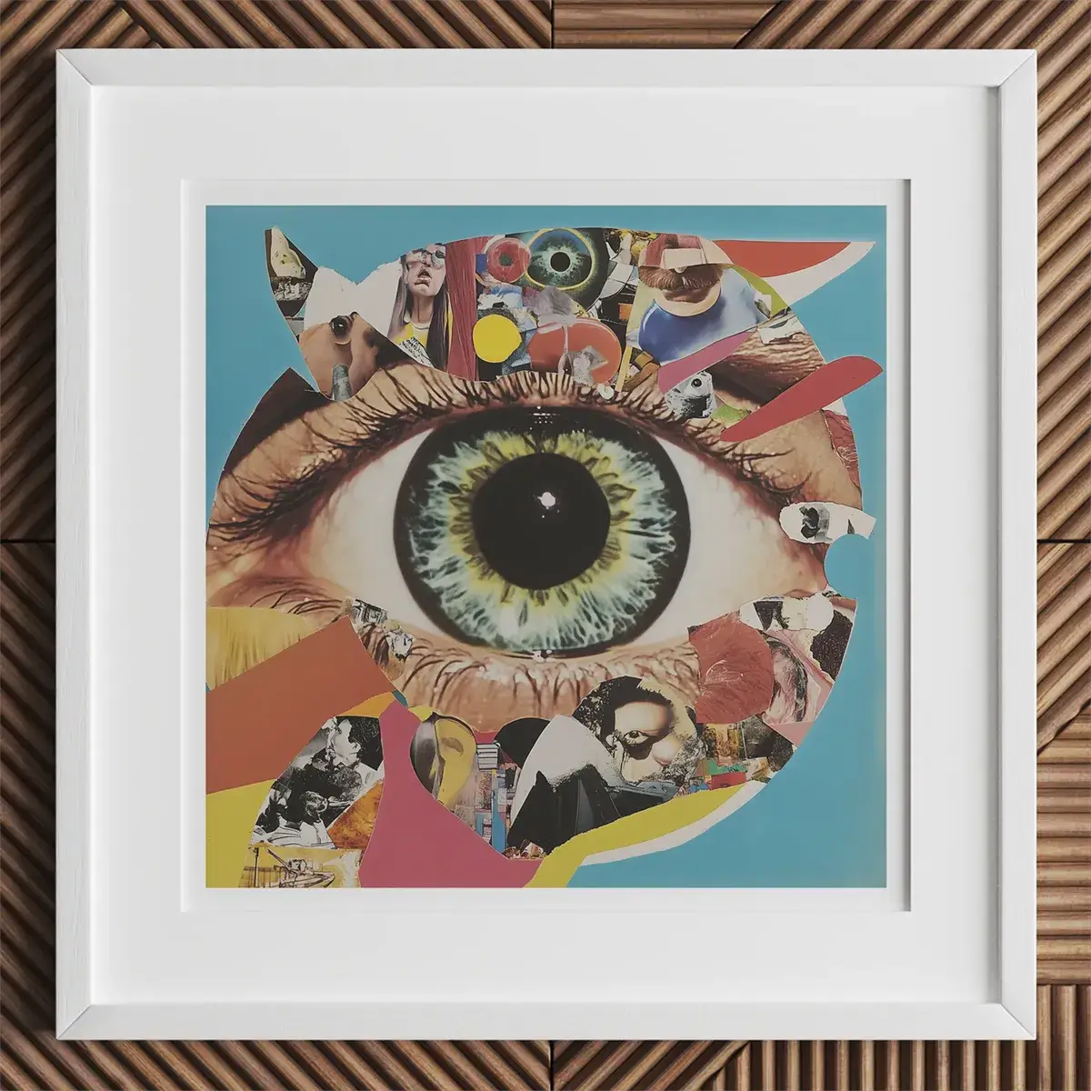 Framed eye collage showcasing cultural influences and collage techniques in art history