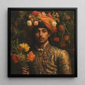 Prince Rajanikanta - Gay Indian Royalty Framed Canvas, 12x12’’ / 31x31cm / Black Floating Frame, Portrait Young Person Ornate Turban