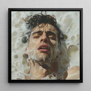 Rub-a-dub - Gay Wet Dream Art Framed Canvas, 12x12’’ / 31x31cm / Black Floating Frame, Close-up Portrait Person Submerged Water Bubbles Foam