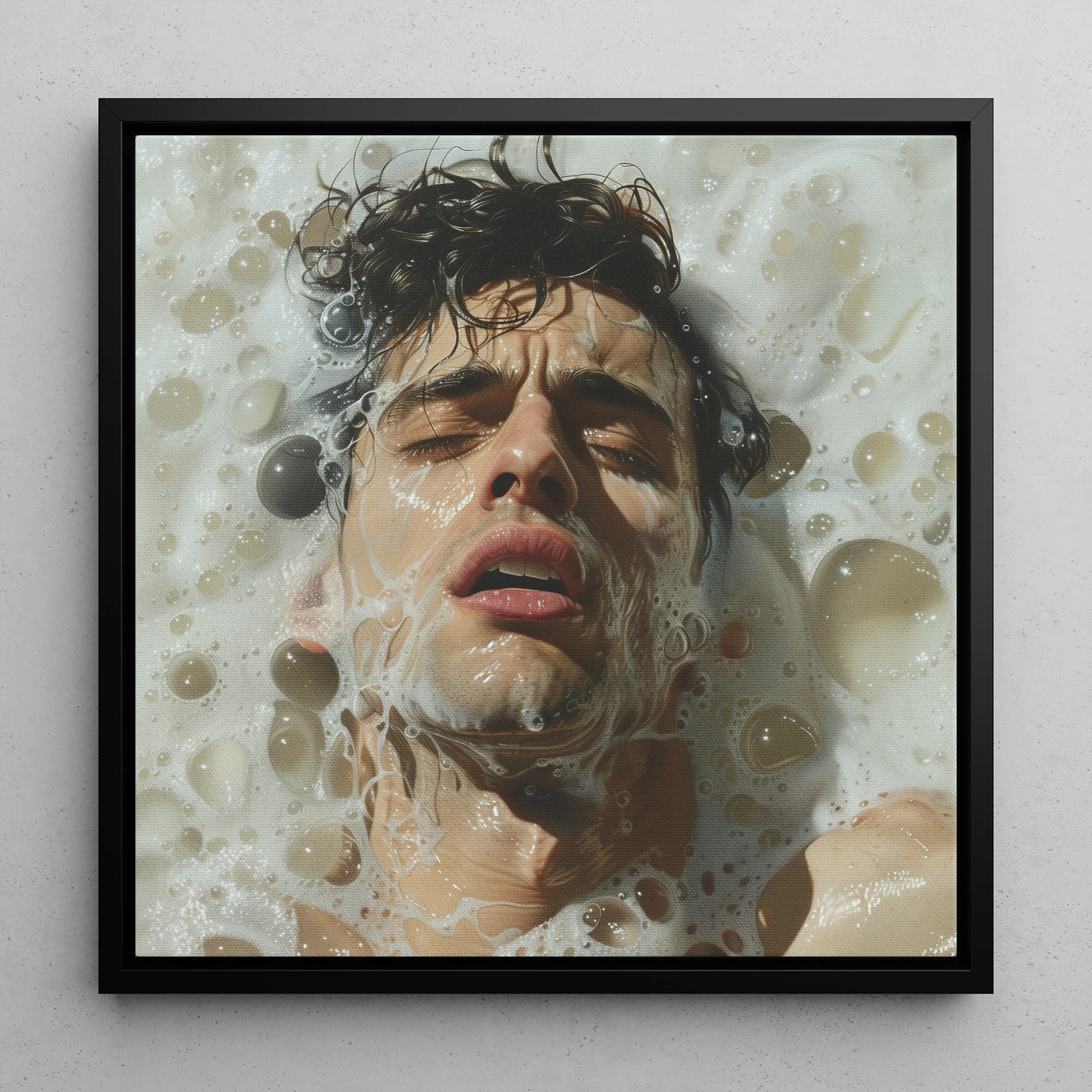 Rub-a-dub - Gay Wet Dream Art Framed Canvas, 12x12’’ / 31x31cm / Black Floating Frame, Close-up Portrait Person Submerged Water Bubbles Foam