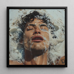 Splish Splash - Gaysian Male Pleasure Framed Canvas, 12x12’’ / 31x31cm / Black Floating Frame, Hyper-realistic Painting Person’s Face