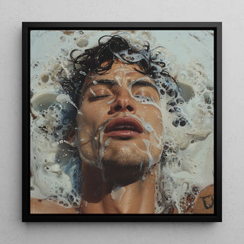 Splish Splash - Gaysian Male Pleasure Framed Canvas, 12x12’’ / 31x31cm / Black Floating Frame, Hyper-realistic Painting Person’s Face