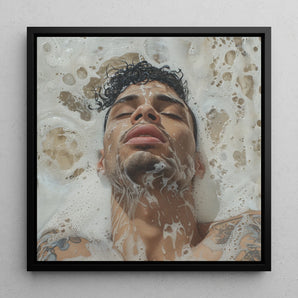Squeaky Clean - Subtle Gay Art Erotica Framed Canvas, 12x12’’ / 31x31cm / Black Floating Frame, Close-up Portrait Person Submerged Soapy