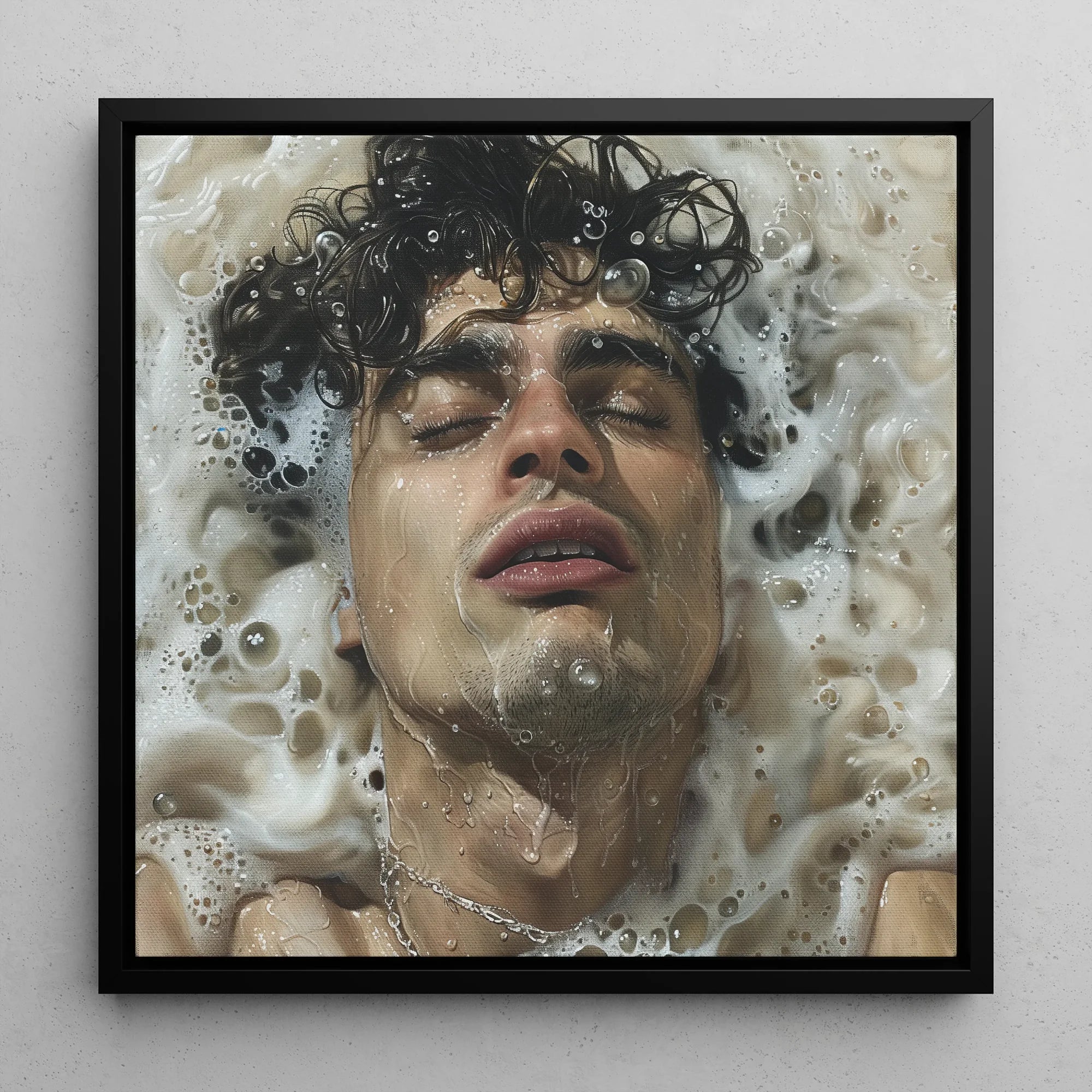 Wet Whistle - Sensual Gay Erotica Framed Canvas, 12x12’’ / 31x31cm / Black Floating Frame, Portrait Person Submerged Soapy Water Eyes