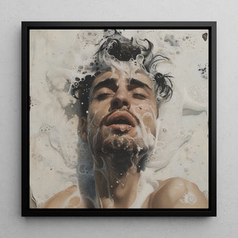 Spilled Milk - Subtle Sexy Gay Erotic Art Framed Canvas, 12x12’’ / 31x31cm / Black Floating Frame, Framed Painting Man’s Face Submerged