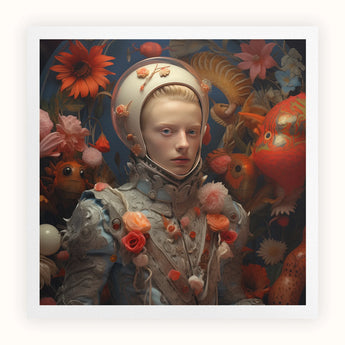 Enfant Terrible - Surreal Camp Art Print, Surreal Portrait Young Person Ornate Helmet Floral-adorned Armor