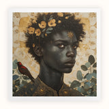 The one - Gay Black God Art Print, Portrait Person Flowers Hair Bird Perched Nearby
