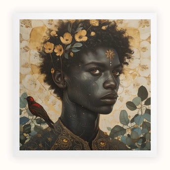 The one - Gay Black God Art Print, Portrait Person Flowers Hair Bird Perched Nearby