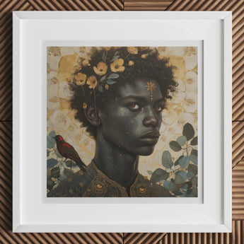 The one - Gay Black God Art Print, 12x12’’ / 31x31cm / White Frame / 2’’ Matboard, Framed Portrait Painting Person Flowers Hair Bird Nearby